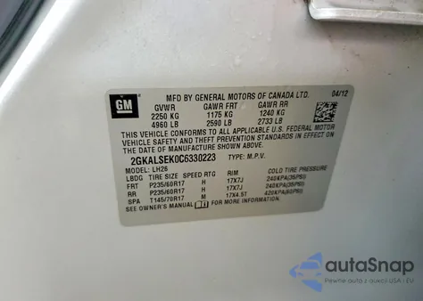 2012 GMC Terrain Sle z USA, uszkodzony, nr VIN 2GKALSEK0C6330223